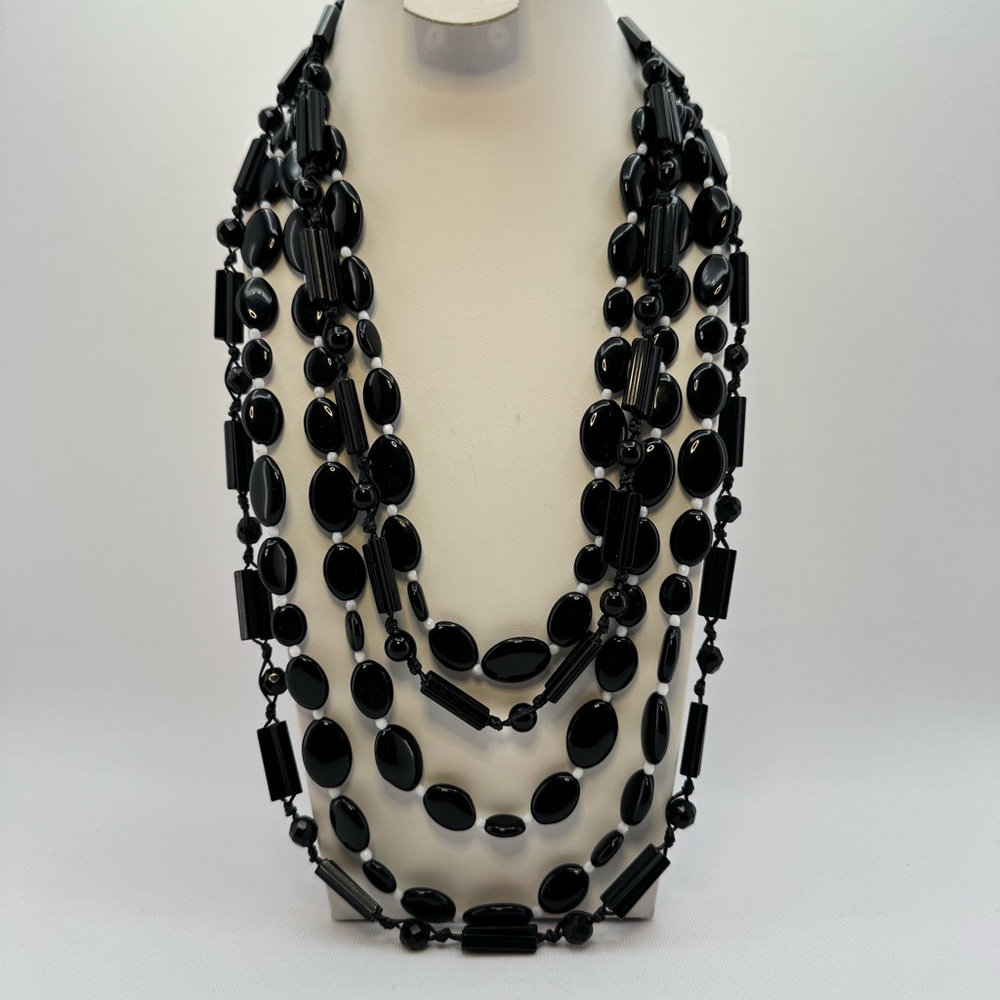 Black Glass Beaded Necklace 22” Multi Strand Leather Cord Lobster Clasp